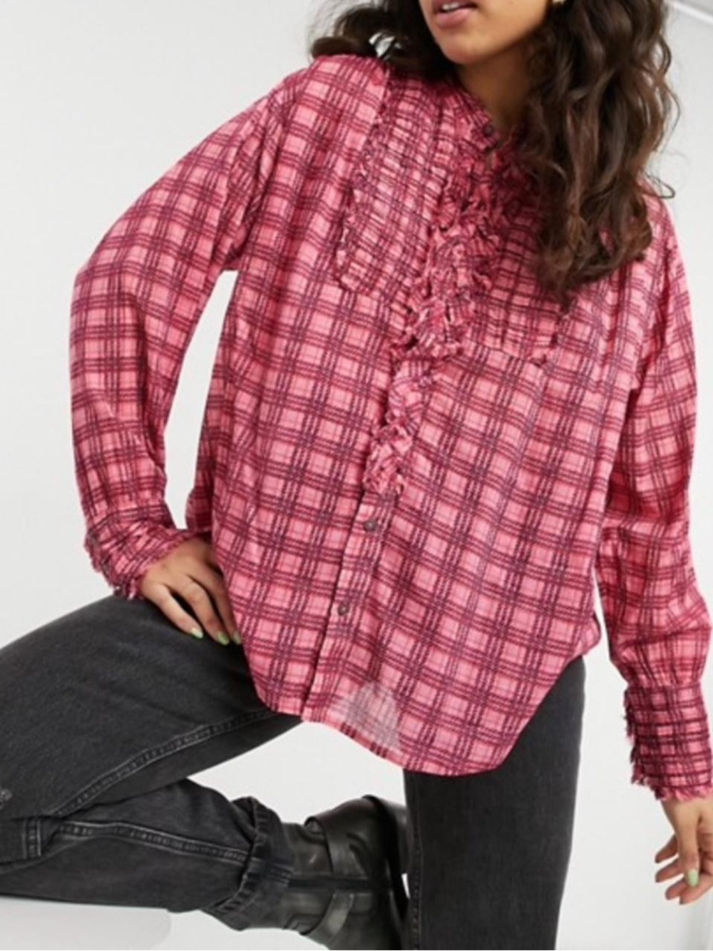 Free People Fall Boho Miles Plaid Tuxedo Pink Ruffle Button Down Shirt